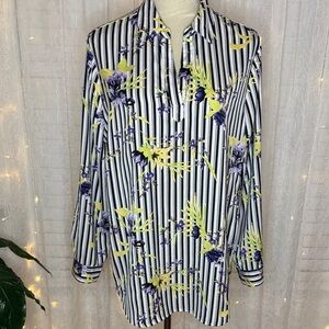 Chico's Black and White Striped Blouse with Purple and Yellow Floral Design
